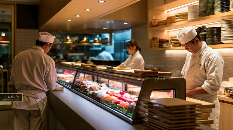 Sushi chefs working at a restaurant preparation counter