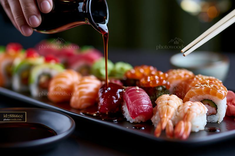 Sushi served with sauce on dark moody table