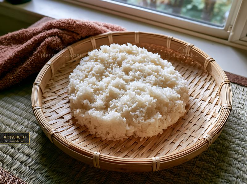 Sushi rice cooling on a tray by the window