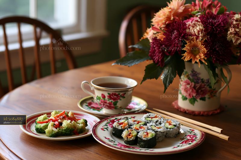 Sushi served with tea and flowers on a wooden table