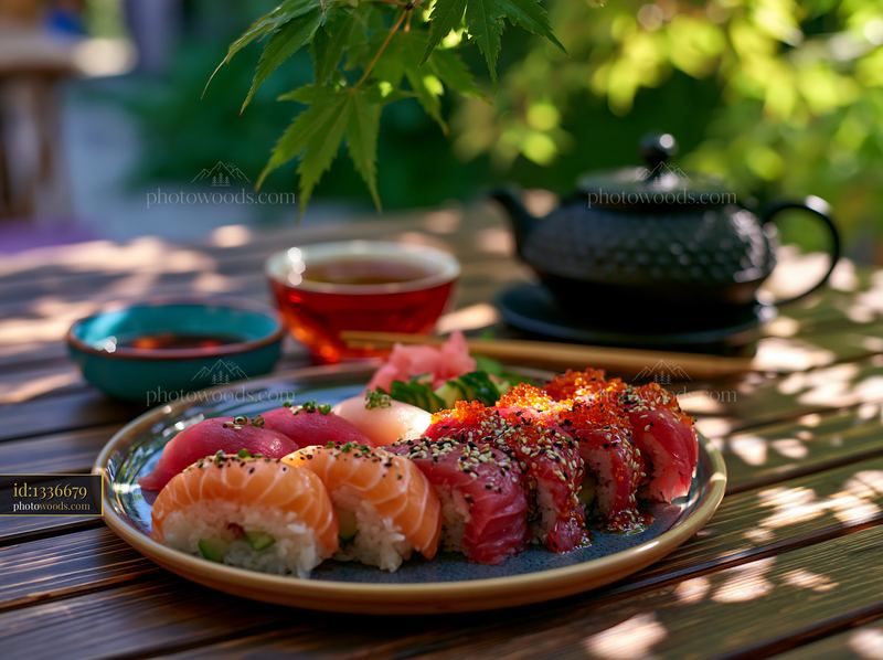 Sushi served with tea on a wooden table outdoors