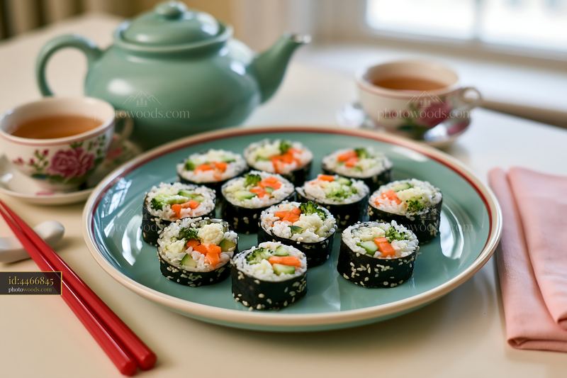 Sushi served with tea in a cozy dining setting