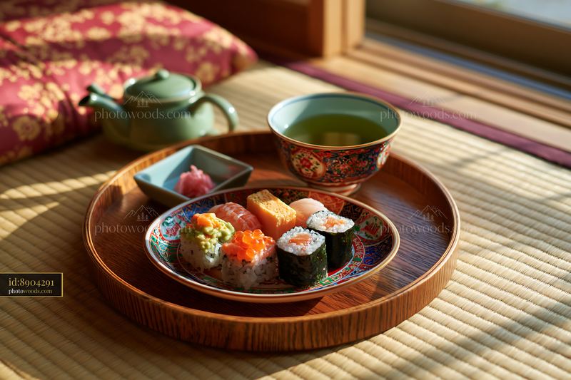 Sushi and tea served on a wooden tray in a Japanese setting