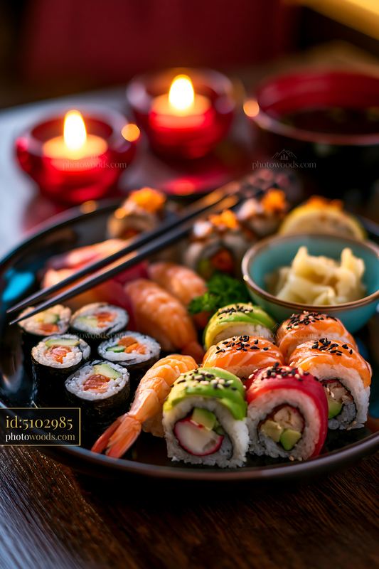 Sushi with chopsticks resting on bowl at a dinner table