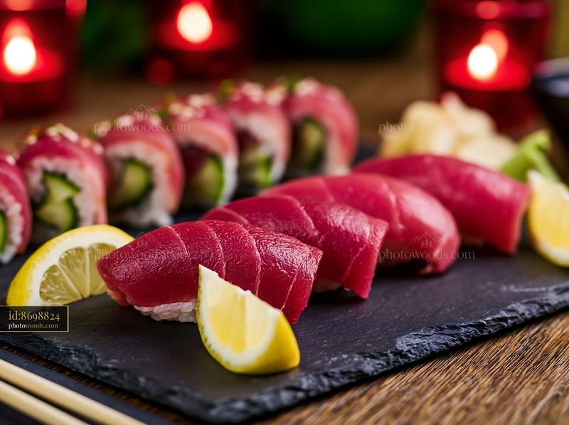 Sushi with lemon garnish presented on a slate platter