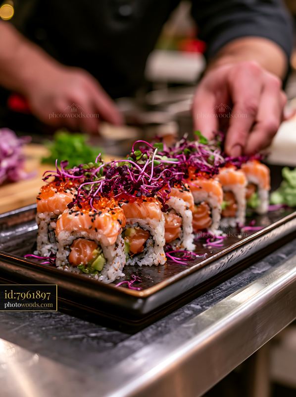 Sushi rolls with microgreens on black plate in restaurant kitchen