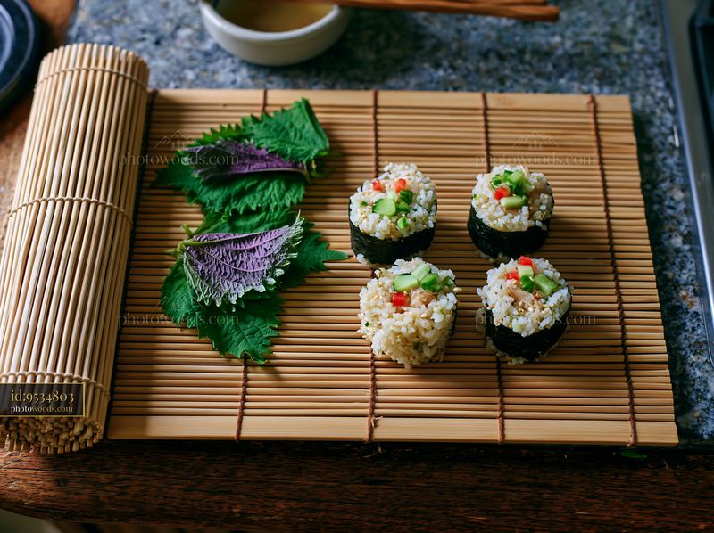 Sushi with shiso leaves on a bamboo mat