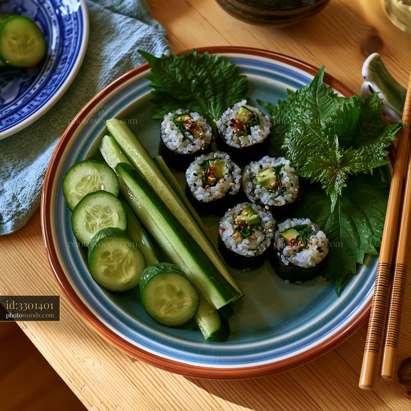 Sushi rolls with shiso leaves served on a blue plate