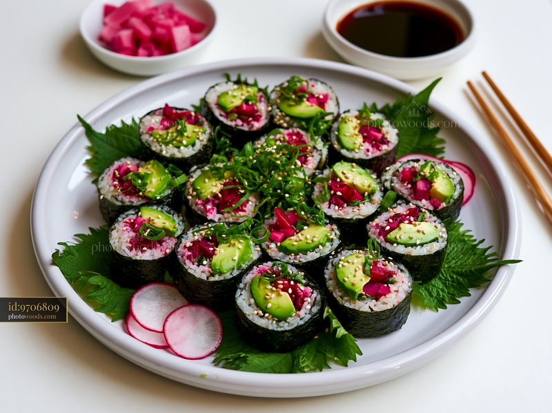 Sushi rolls with shiso leaves and garnishes on a white plate