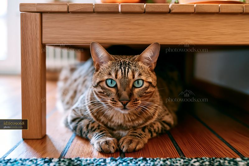Tabby cat portrait beneath a wooden fireplace