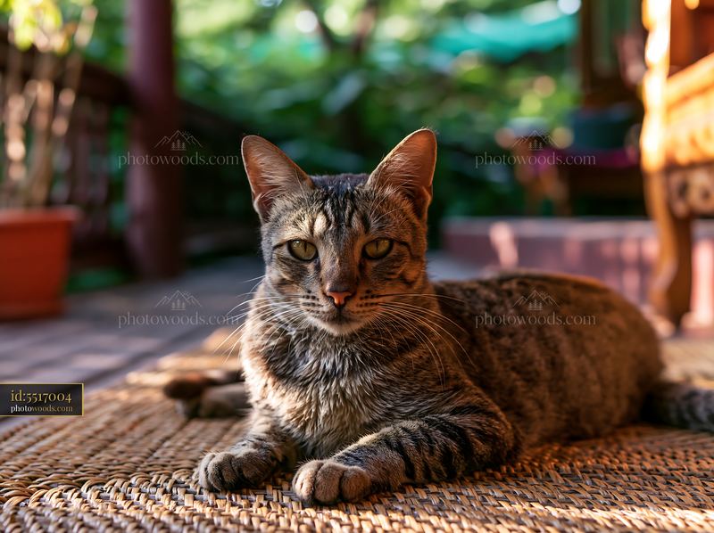 Tabby cat resting on a woven mat outdoors