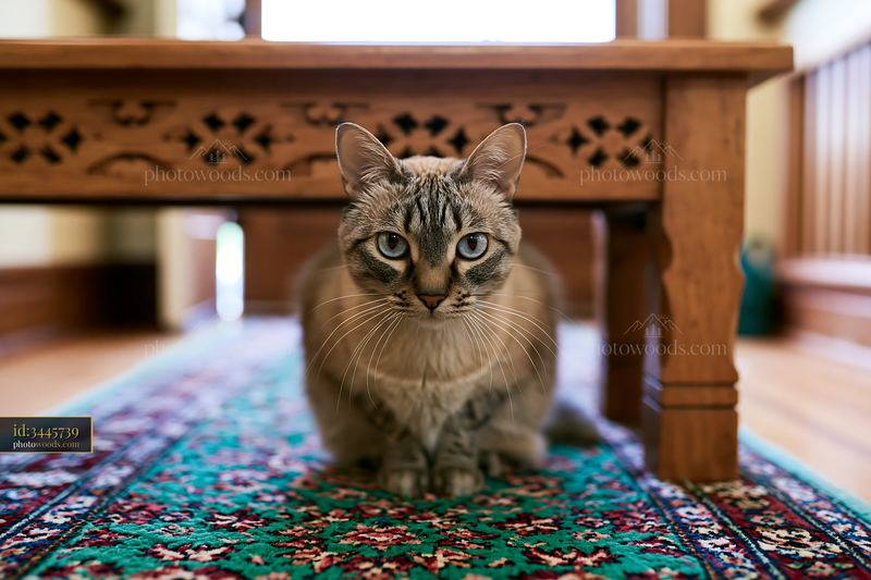 Suphalak cat portrait on a patterned rug