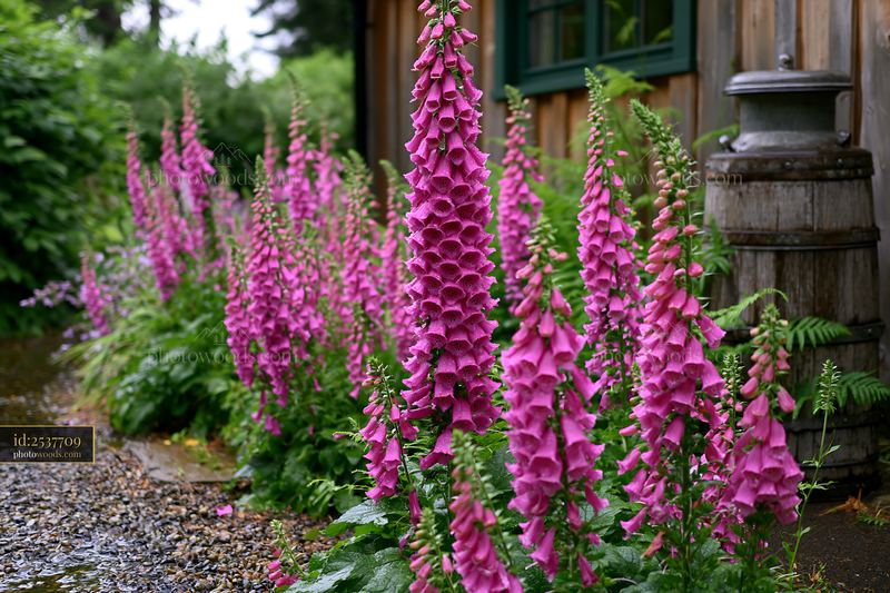 Foxglove flowers bloom beside a rustic cottage