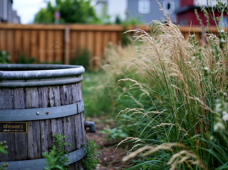 Urban meadow among buildings with wooden barrel