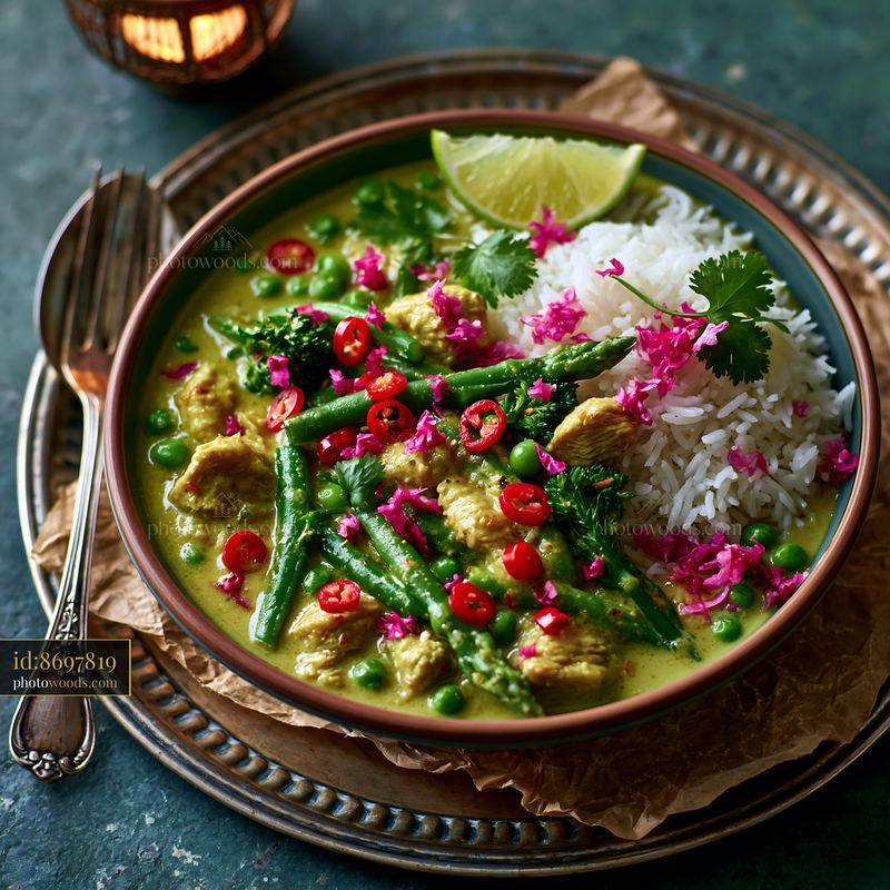 Thai Green Curry With Jasmine Rice and Herbs on a Table