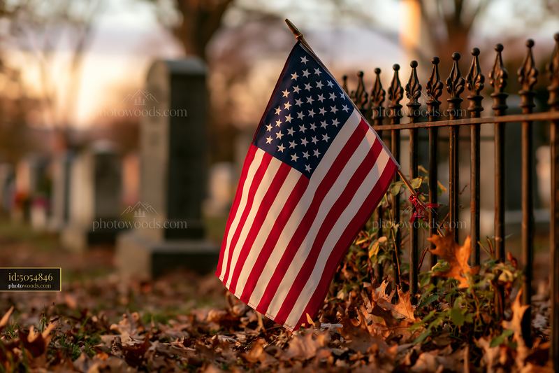American flag displayed at Arlington cemetery with fallen leaves