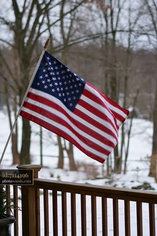 American flag waving in gentle breeze near wooded area