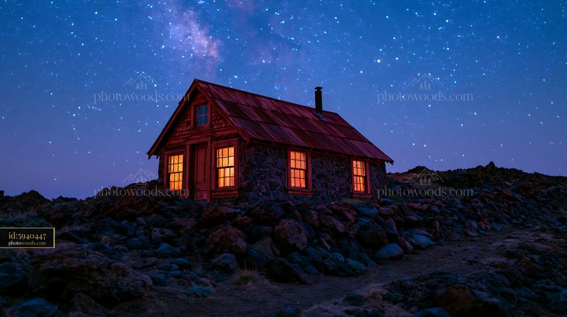 Isolated cabin under a starry sky at night
