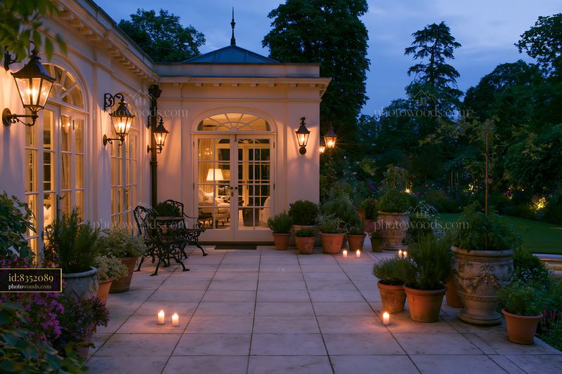 Upscale garden pavilion illuminated by evening lights