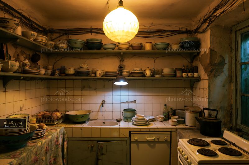 Old kitchen with shelves full of dishes and warm lighting