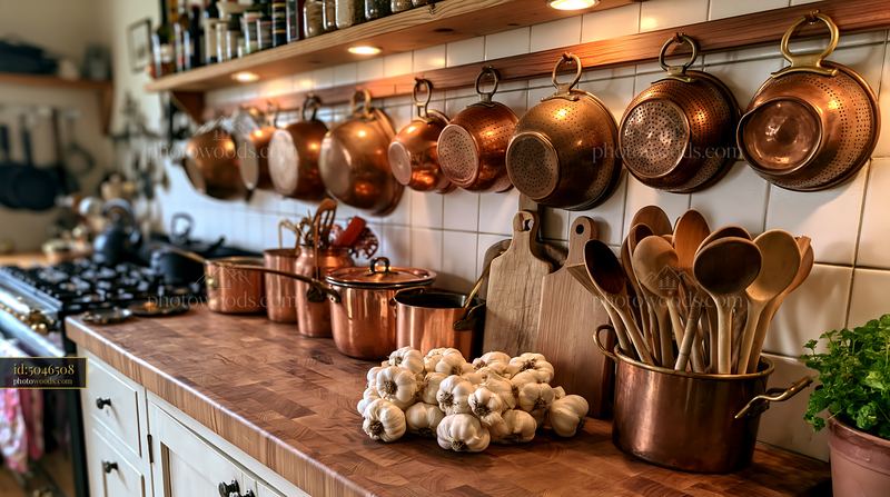 Farmhouse kitchen with copper cookware and wooden utensils