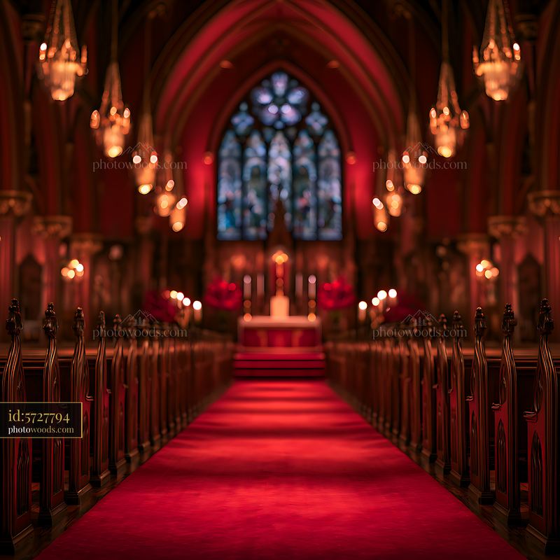 Red carpet leads to altar in an empty church interior