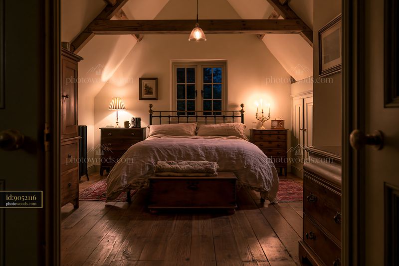 Rustic bedroom with linen bedding and warm lighting at night