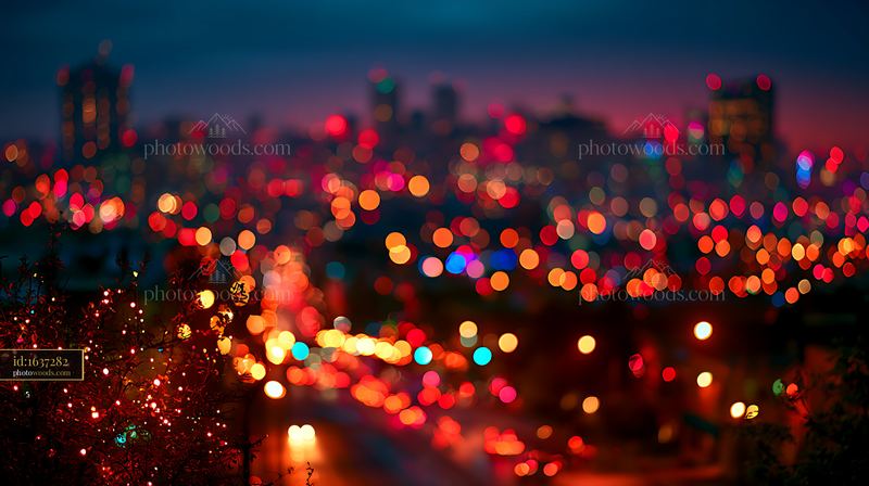 City skyline with bokeh lights during twilight