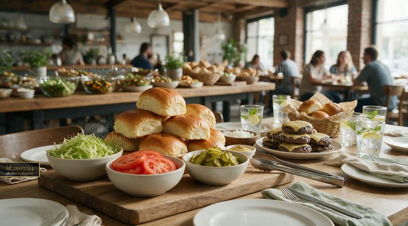 Burger buffet setup in a cozy restaurant with various food options
