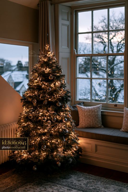 Christmas tree with monochrome decorations and lights in a room