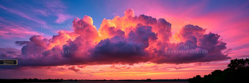 Colorful sunset clouds fill the sky over a landscape