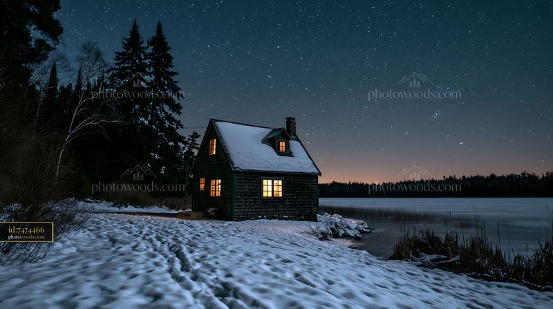 Snow-covered cabin sits by the frozen lake under a starry sky