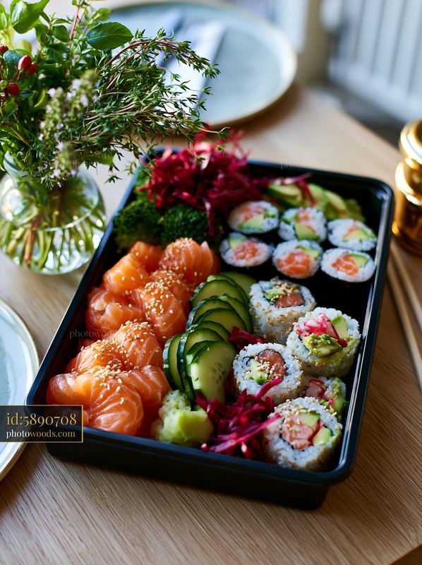 Sushi takeaway box with salmon and various sushi rolls