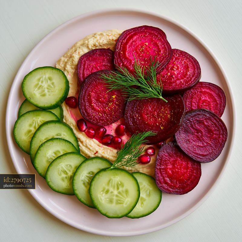 Colorful breakfast plate with hummus and fresh vegetables