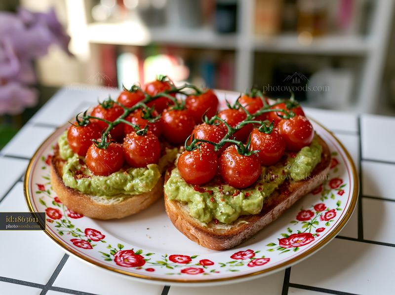 Breakfast plate with avocado toast and cherry tomatoes