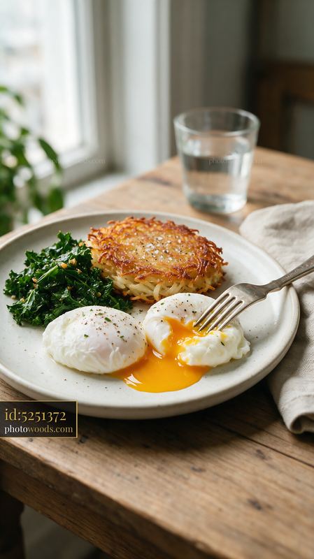 Breakfast plate with poached eggs, greens, and hash browns