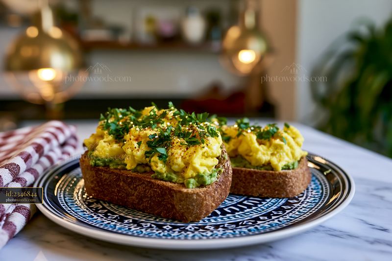 Breakfast plate with avocado toast and scrambled eggs