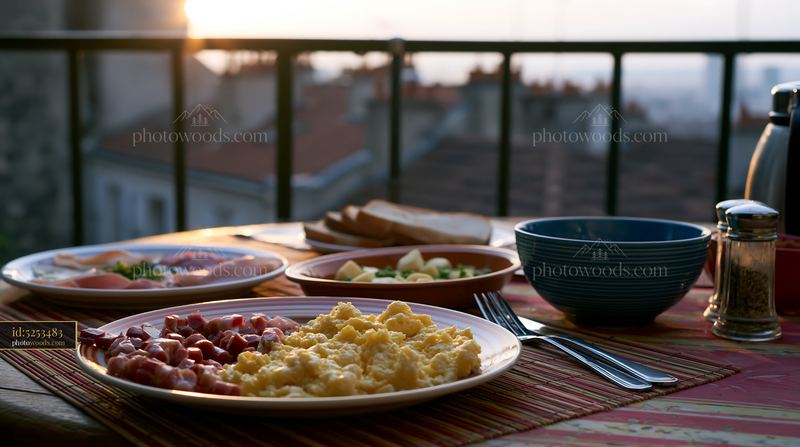 Breakfast plate with cold cuts and scrambled eggs on a table