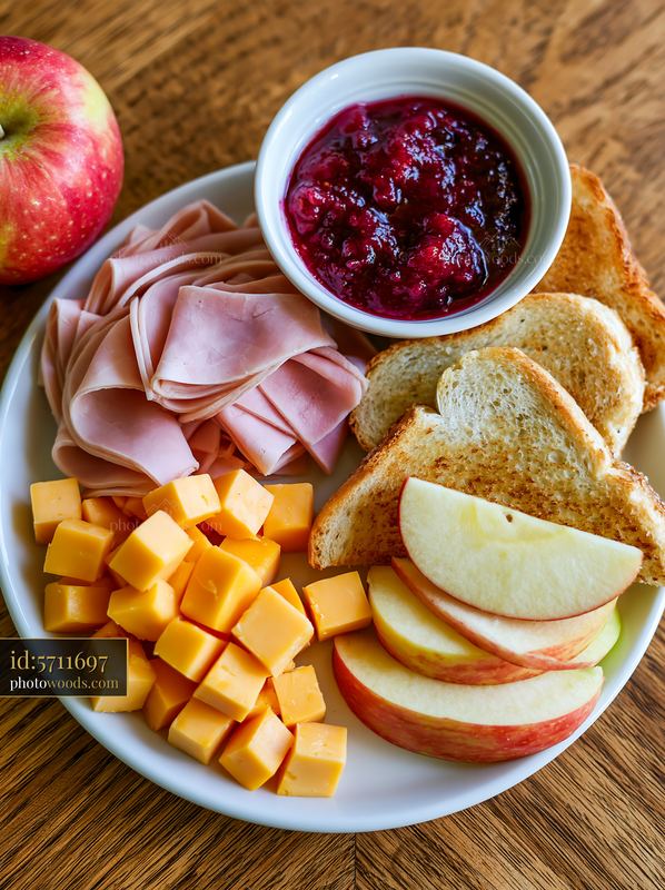 Breakfast plate with cold cuts and apples on a wooden table