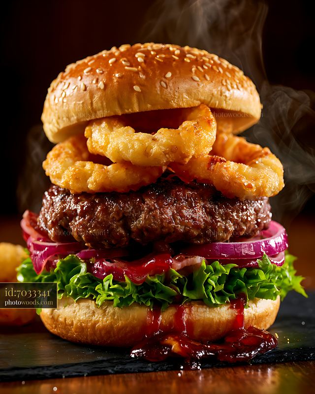 Juicy burger with crispy onion rings and fresh toppings