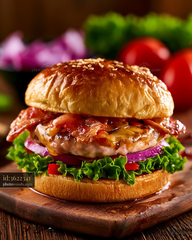 Juicy burger with toppings on a wooden table