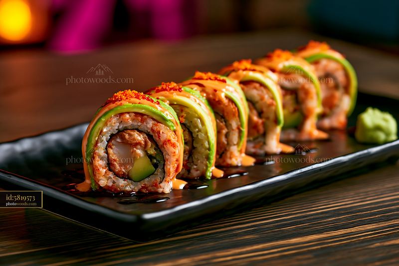 Dragon roll close-up on a black plate with wasabi