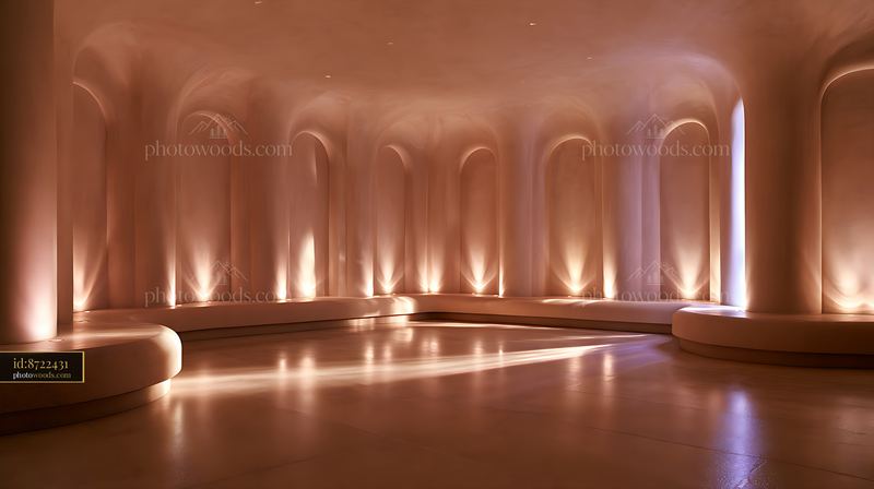 Modern indoor space with warm lighting and curved architecture
