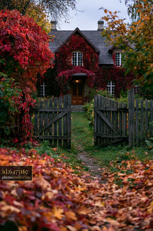 Traditional country house exterior surrounded by fall foliage