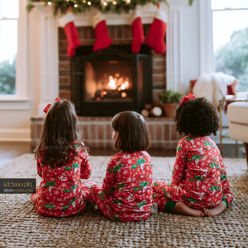 Three children in matching Christmas pajamas by a fireplace