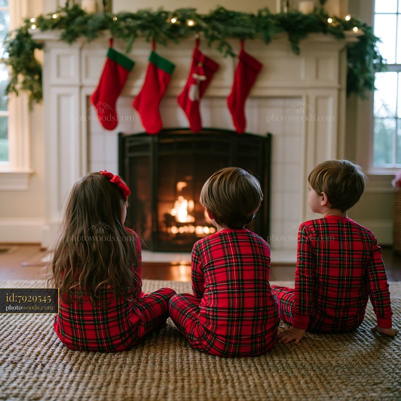 Three children in matching pajamas by a Christmas fireplace