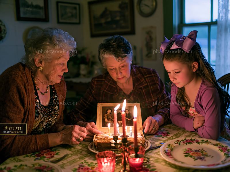 Family birthday gathering with cake and framed memories