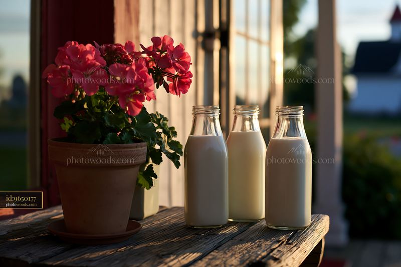 Glass milk bottles on a doorstep at sunrise with flowers