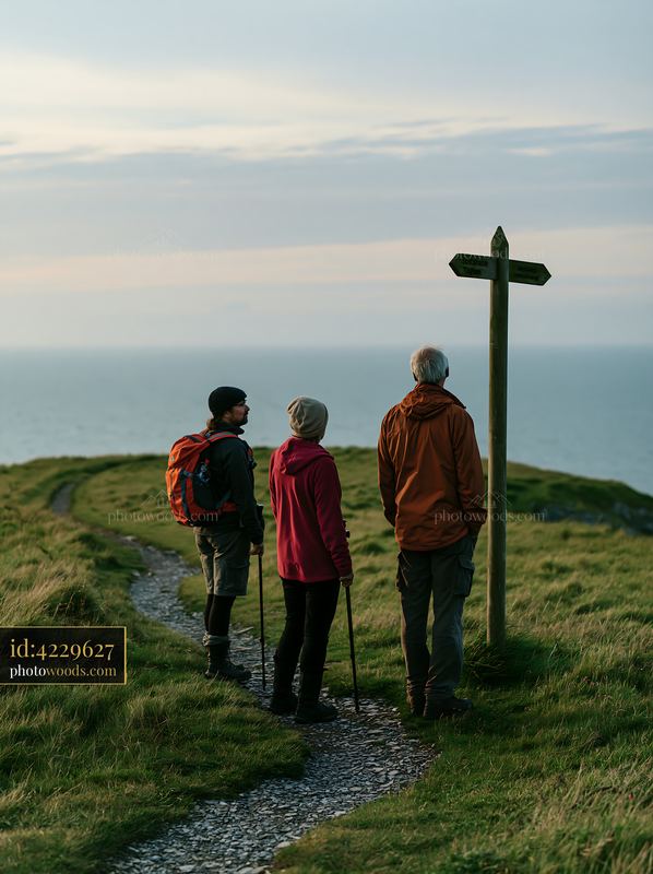 Coastline view with hikers near sustainable tourism sign