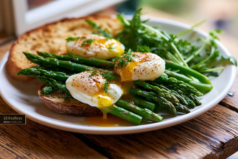 Poached eggs with asparagus and toast on a breakfast plate